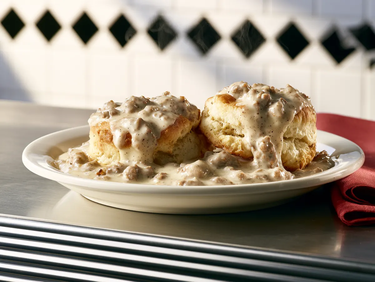 Split biscuits under thick peppered sausage gravy