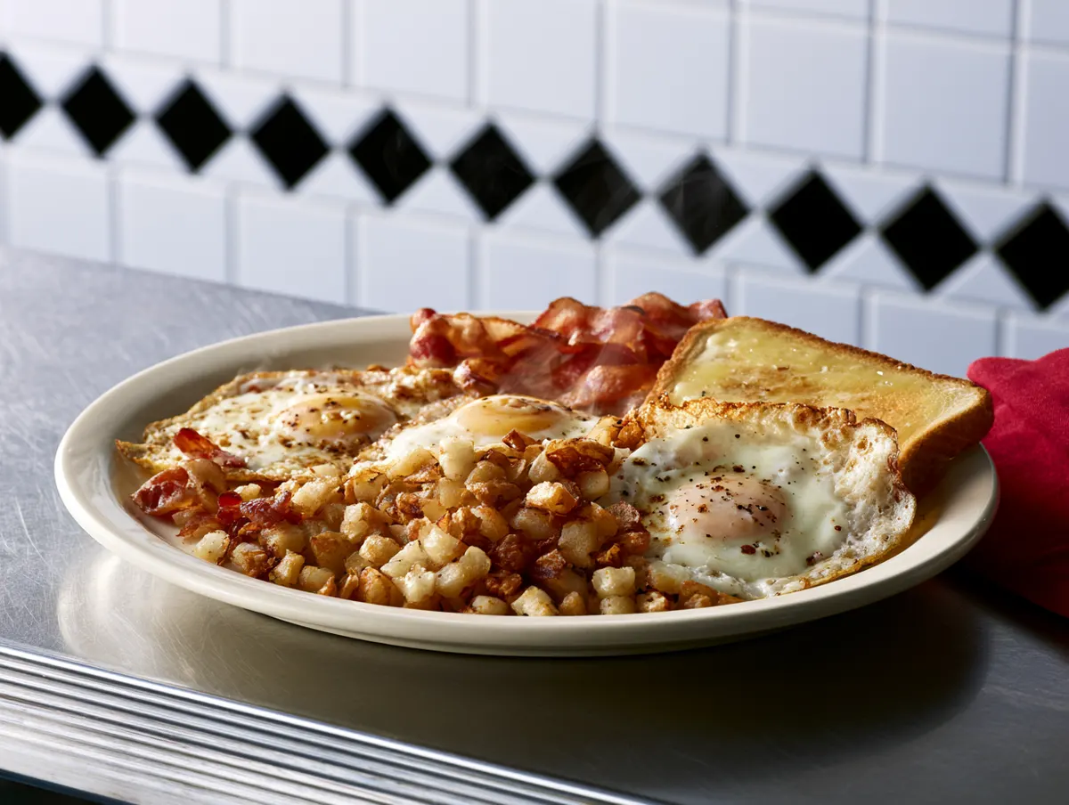 Three fried eggs with crispy hash browns, bacon and buttered toast on a white plate