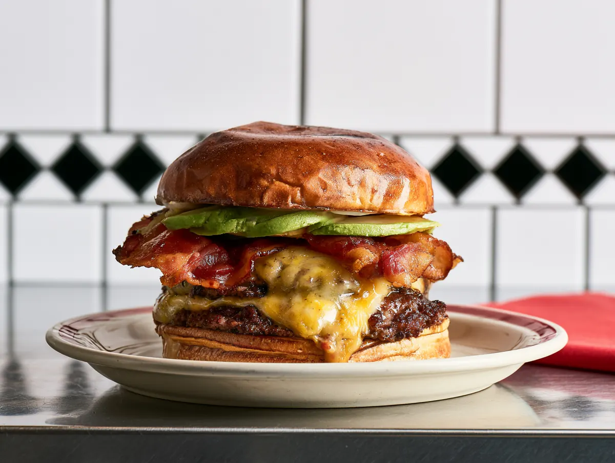 A stacked double cheeseburger with bacon and avocado in front of white tile with a black checker border
