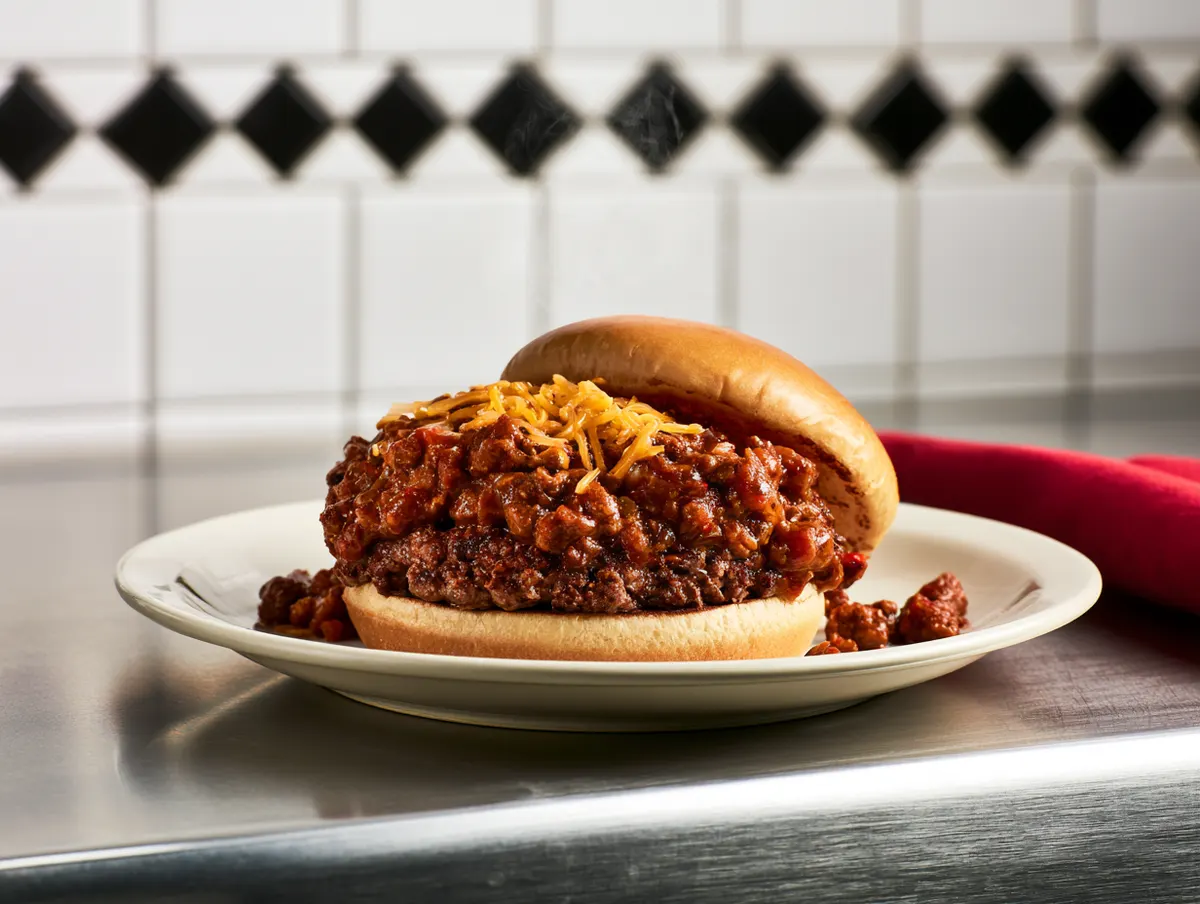 An open-face burger topped with homemade chili and shredded cheese