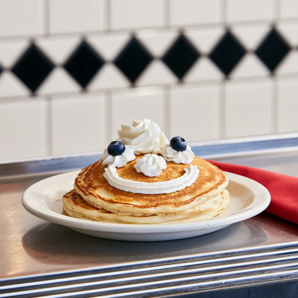 A kids pancake with a whipped-cream smiley face