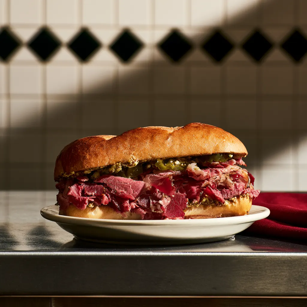 A pastrami sandwich piled high with thin-sliced pastrami on rye